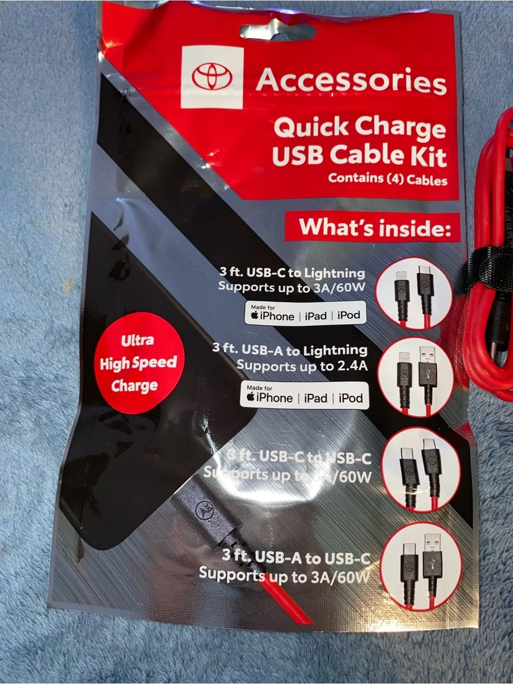 NEW Toyota Quick Charge USB Cable Kit - Red, 4 lightning cables